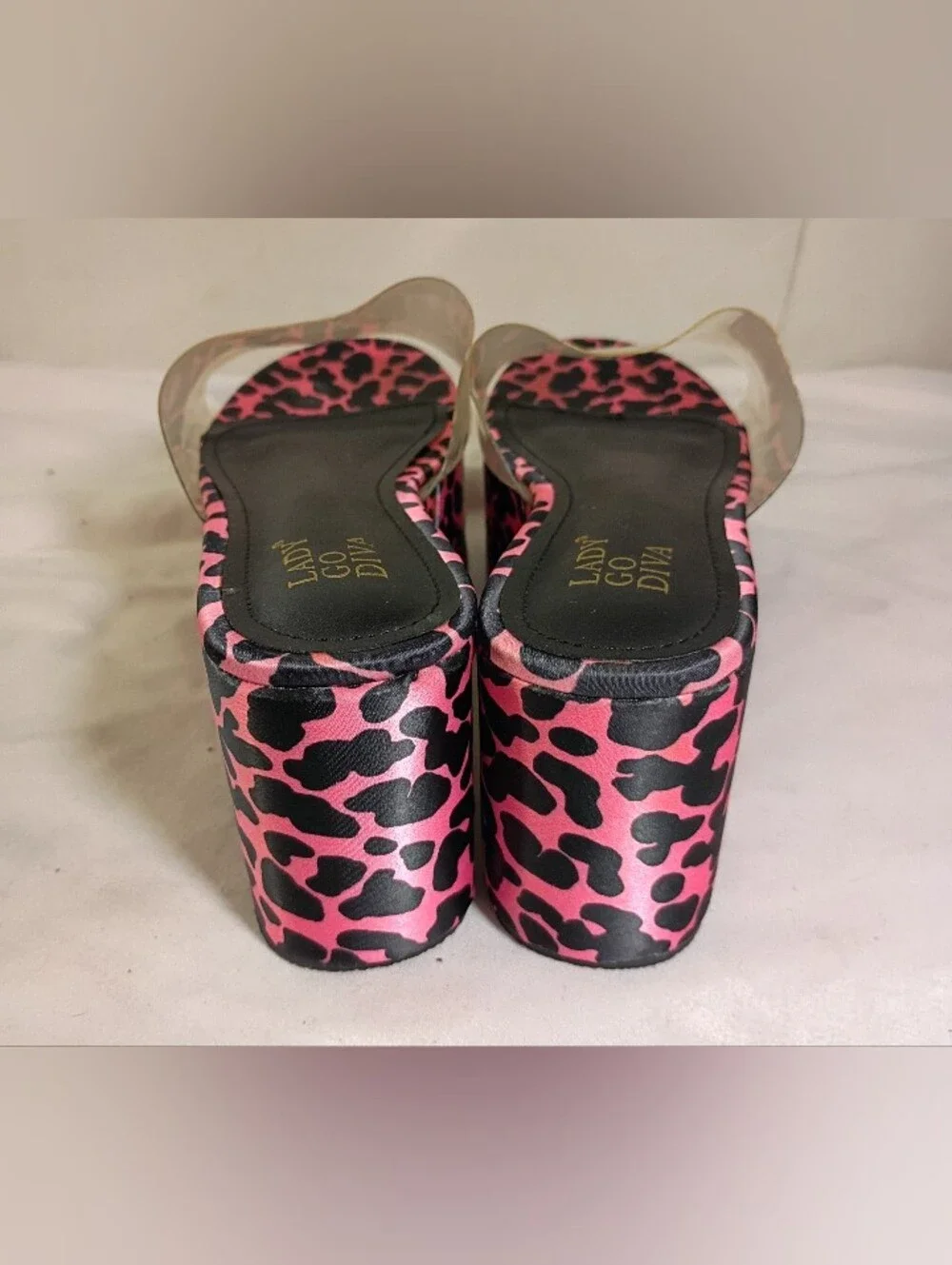 Lady Go Diva Vintage Pink Cheetah Print Flatform Wedge Sandals Clear Upper 6.5